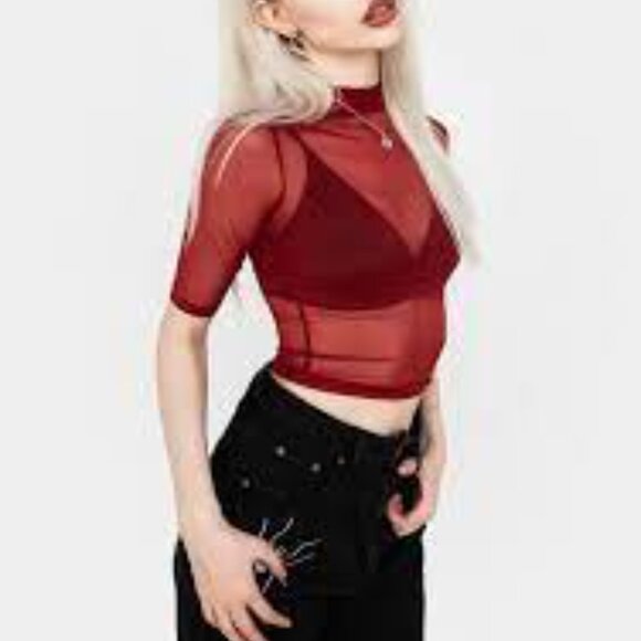 Disturbia Women's Jinx Mesh Short Sleeve Crop Red Size 8 - Picture 3 of 5